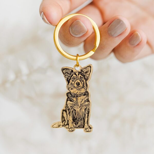 Custom engraved gold dog portrait pet ID tag and keychain
