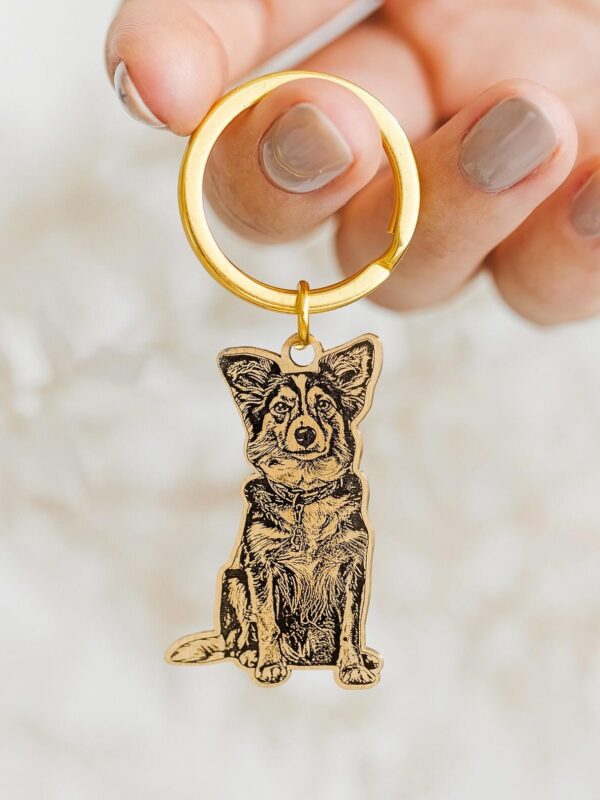 Custom engraved gold dog portrait pet ID tag and keychain