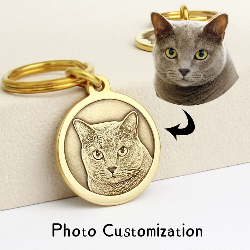 Custom pet ID tag showing photo customization process for cats