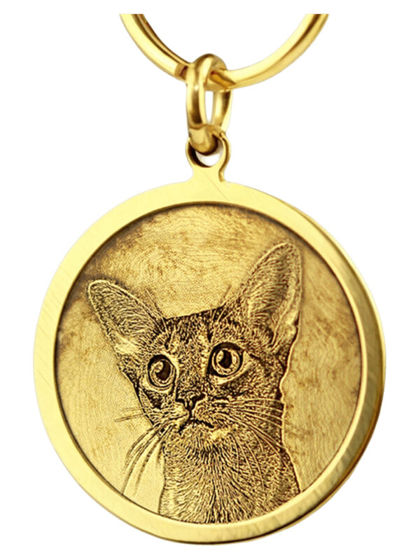 Close-up of a custom photo engraved metal cat ID tag pendant