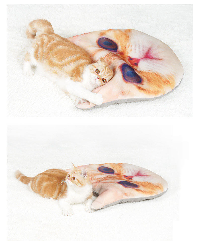 Side view of custom die-cut pet photo cushion showing thickness and soft plush texture