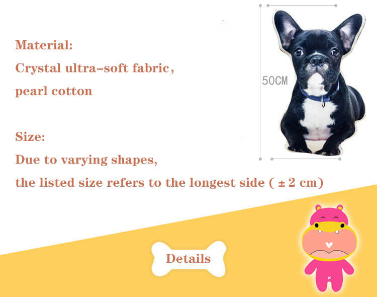 Material and size guide for custom pet shape pillows made with crystal ultra-soft fabric.