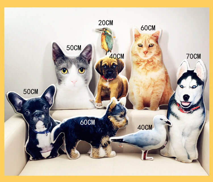 Size reference chart showing different height options for custom pet photo shape pillows.