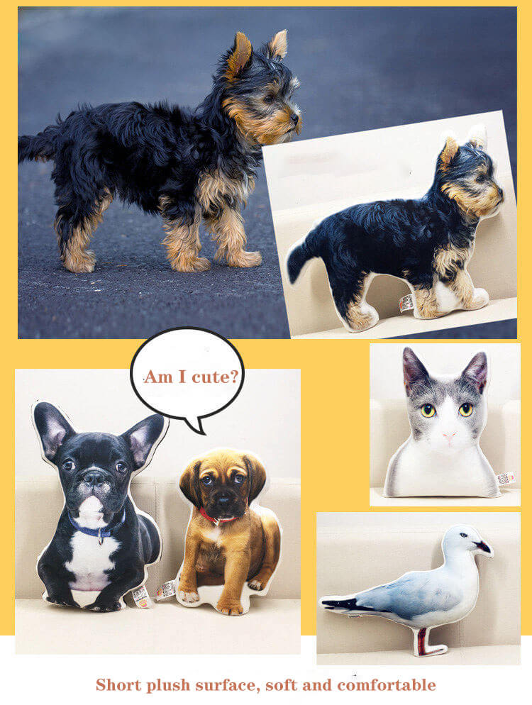 Collage displaying various custom shaped dog and cat photo pillows with soft plush surfaces.