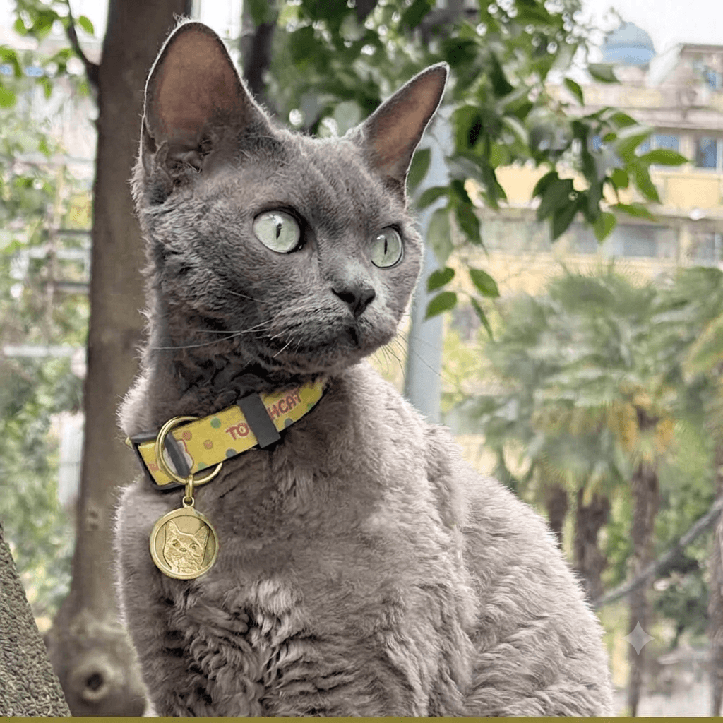 Grey cat wearing a personalized photo engraved metal pet ID tag collar