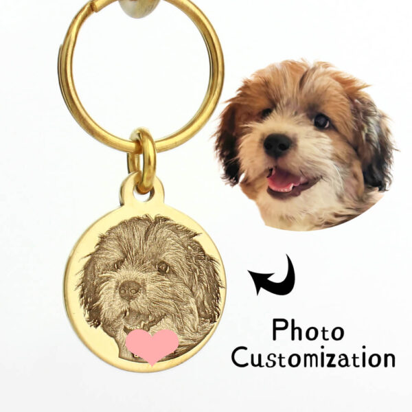 Custom engraved dog ID tag and keychain with pet photo portrait