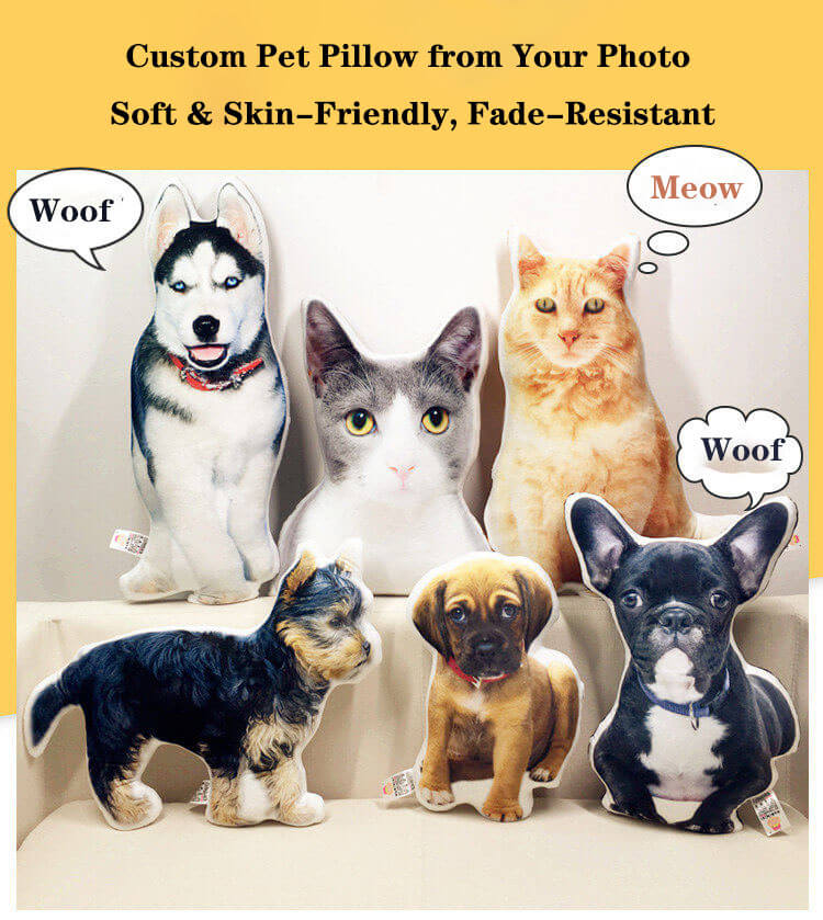 Product catalog cover showcasing custom personalized pet photo shape pillows.