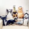 Size comparison guide for custom personalized pet photo shape pillows and plush toys.
