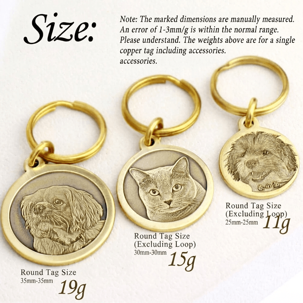 Size and weight guide for custom engraved pet ID tags showing 35mm, 30mm, and 25mm dimensions