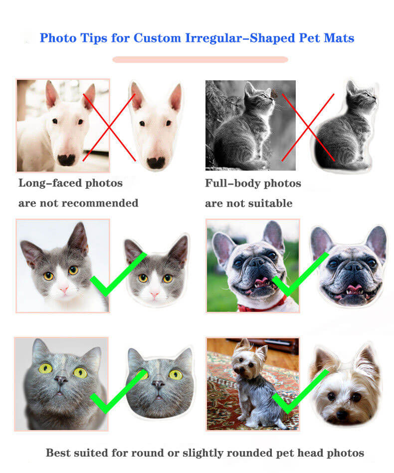 Photo tips and guidelines showing do's and don'ts for ordering custom pet face shaped mats