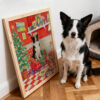 Personalized dog portrait puzzle displayed in a cozy room with a border collie dog