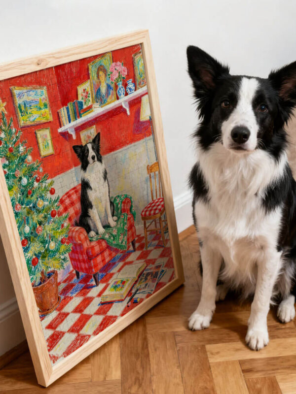 Personalized dog portrait puzzle displayed in a cozy room with a border collie dog