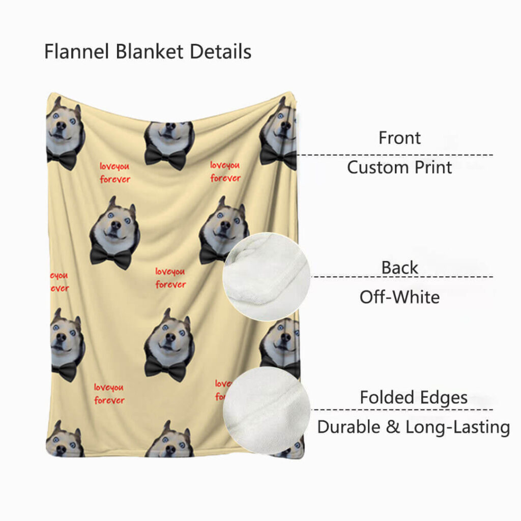Flannel custom pet blanket material features and double-sided details