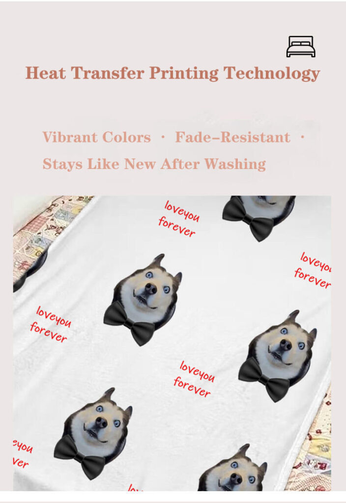 Heat transfer printing technology detail view of custom pet blanket