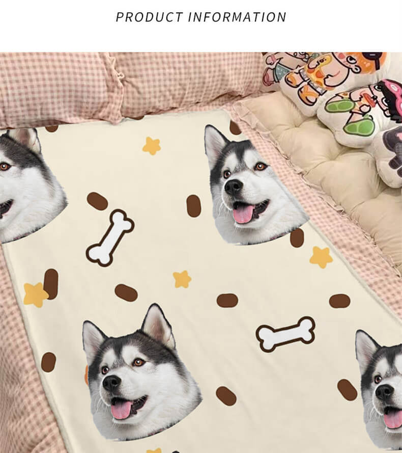 Custom husky face pattern fleece blanket on bed