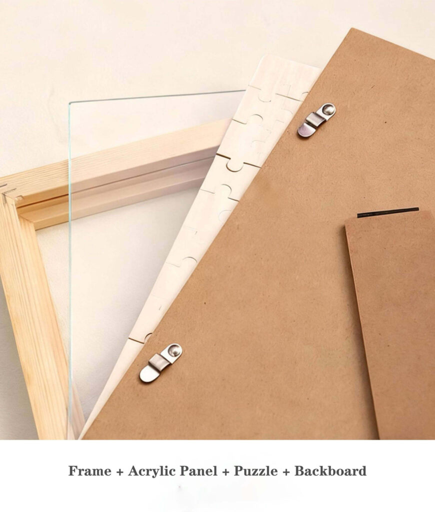Exploded view of custom pet puzzle frame including wooden frame, acrylic panel, puzzle, and backboard