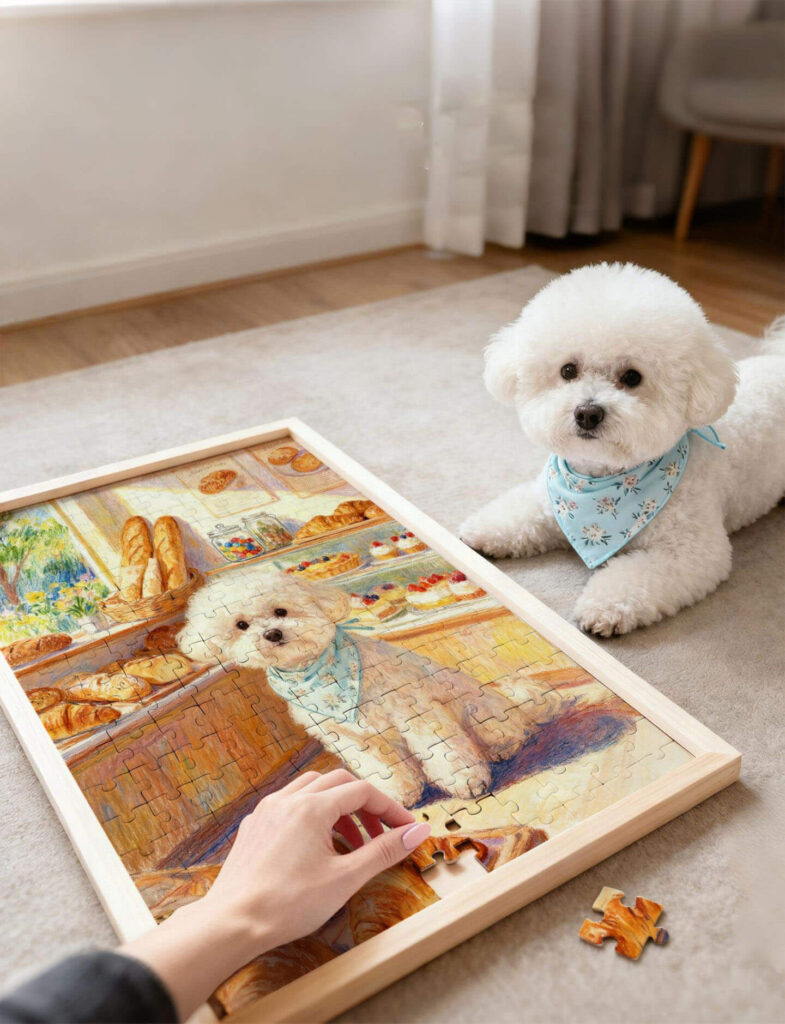 Finished custom pet photo puzzle framed and displayed as wall art decor