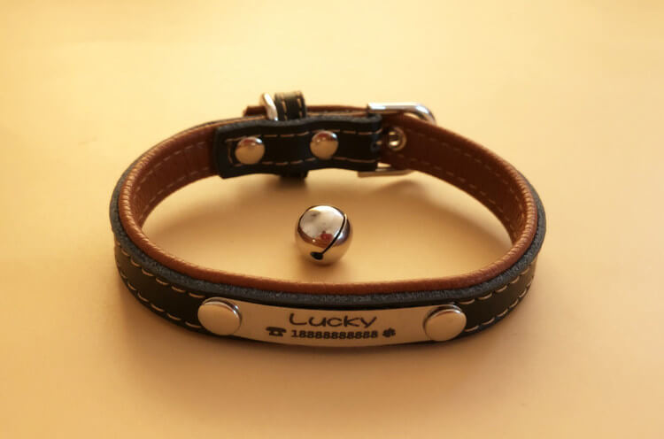 Custom engraved leather dog collar with ID tag and bell - brown