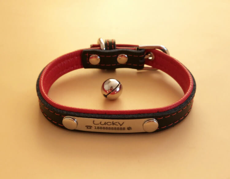 Personalized red leather dog collar with custom engraved metal tag and bell