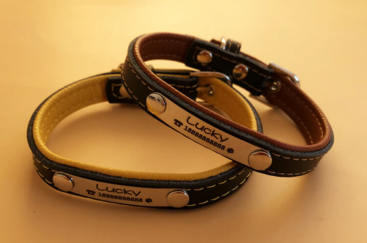 Personalized leather pet collar with ID tag - yellow and brown