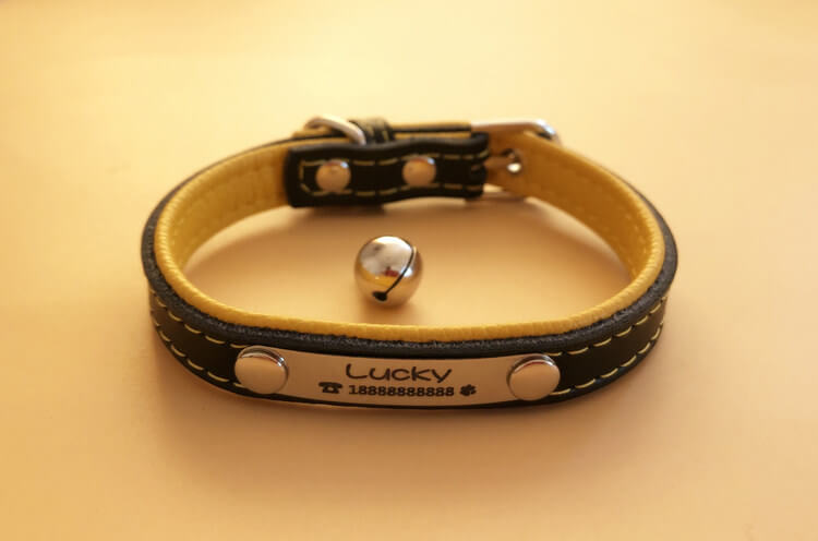 Personalized yellow leather pet collar with custom nameplate and bell