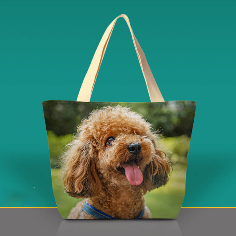 Custom canvas tote bag featuring a smiling brown poodle