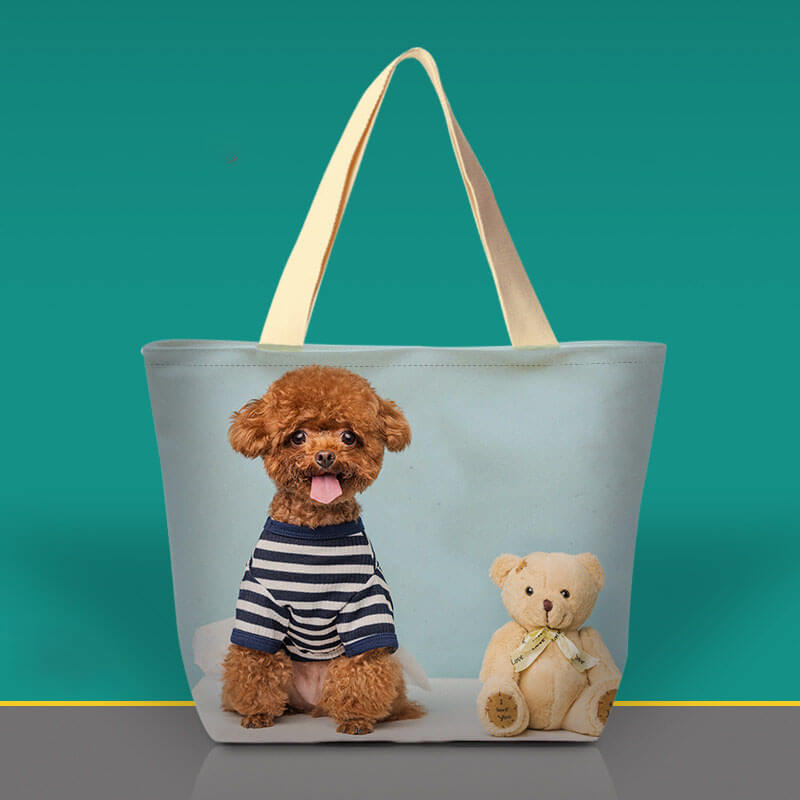 Personalized tote bag with a photo of a poodle and a small teddy bear.