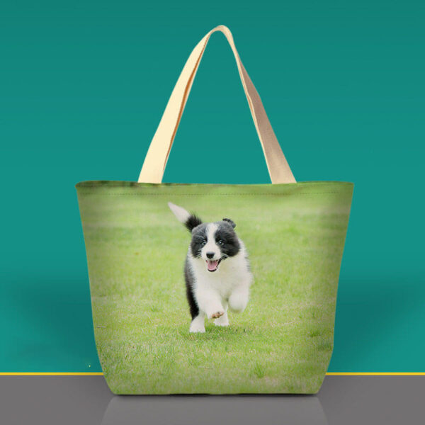 Custom pet photo tote bag featuring a running dog in the grass
