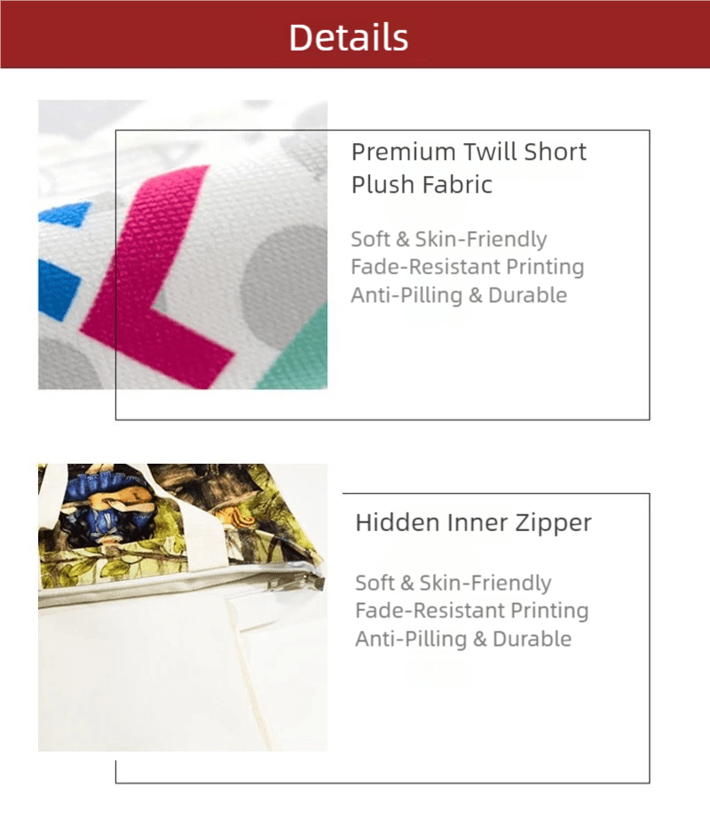 Close-up details of premium twill short plush fabric and hidden inner zipper for custom pet products