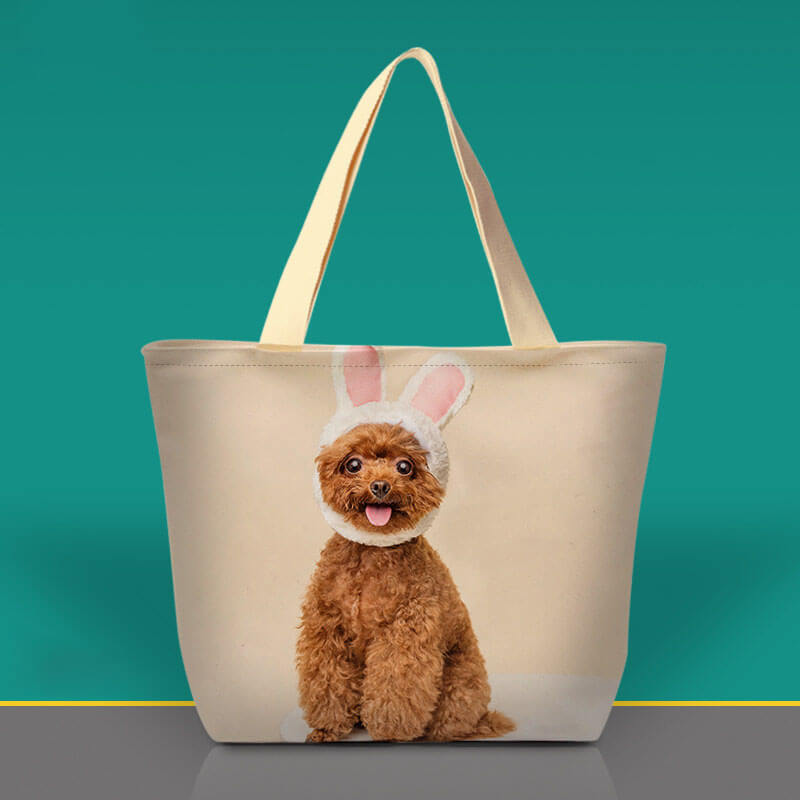 Custom canvas tote bag featuring a cute dog wearing bunny ears.