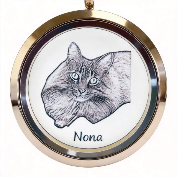 Close up of a custom cat portrait engraved inside a rose gold locket pendant