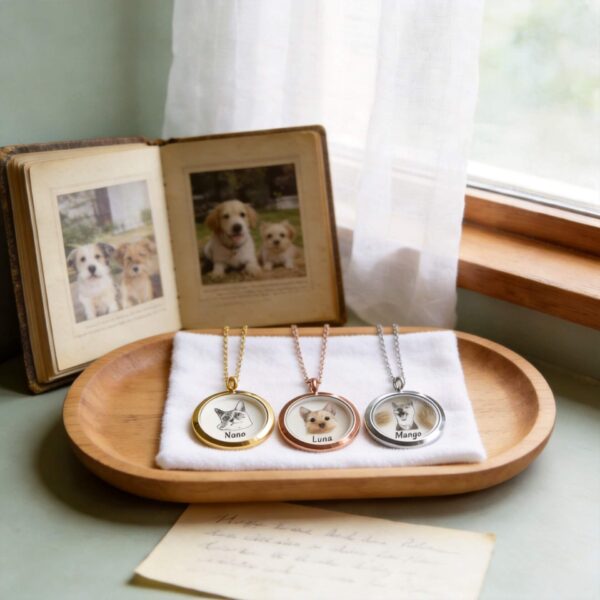 Collection of custom dog and cat memorial lockets displayed on a wooden tray