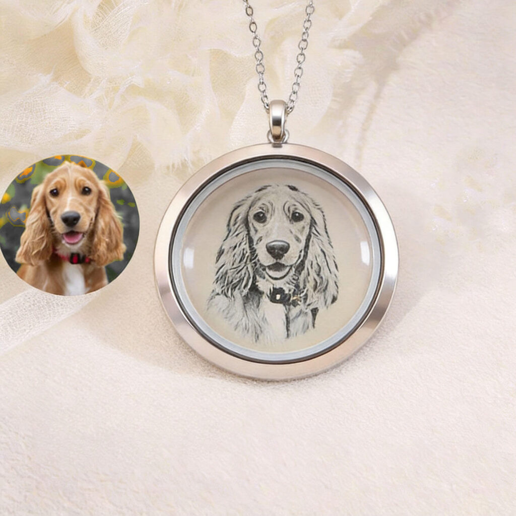 Detail view of a custom dog photo engraved inside a silver memorial locket