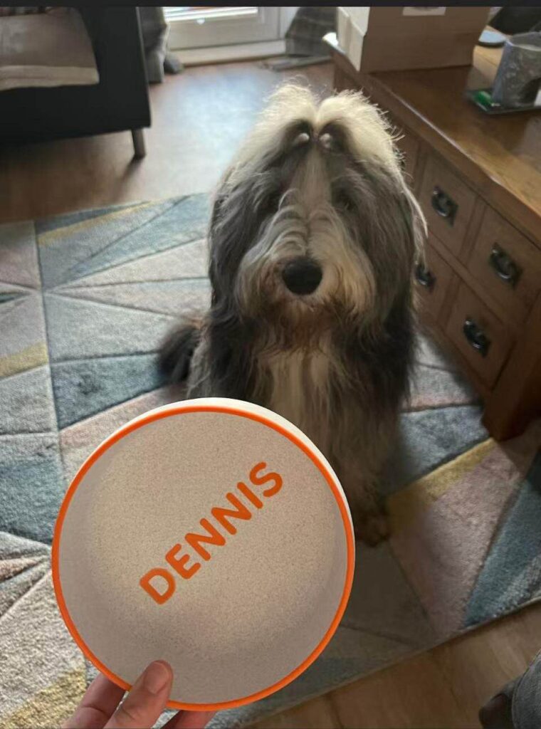 A dog owner holding a custom engraved pet bowl with the name Dennis