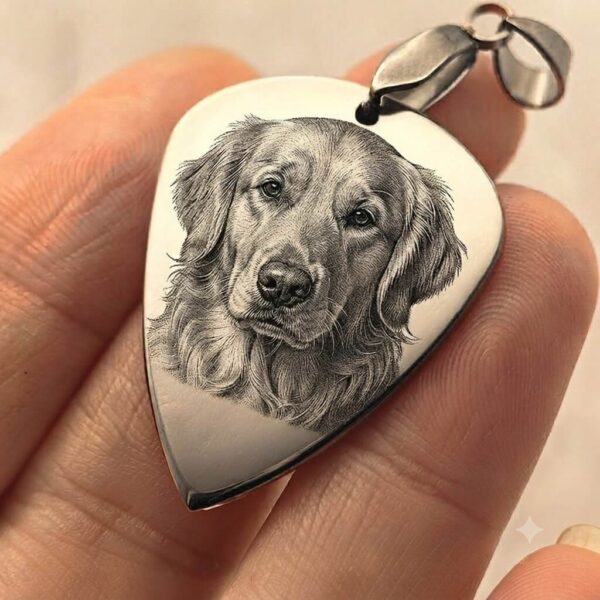 custom-golden-retriever-engraved-pendant Custom engraved guitar pick necklace with golden retriever portrait