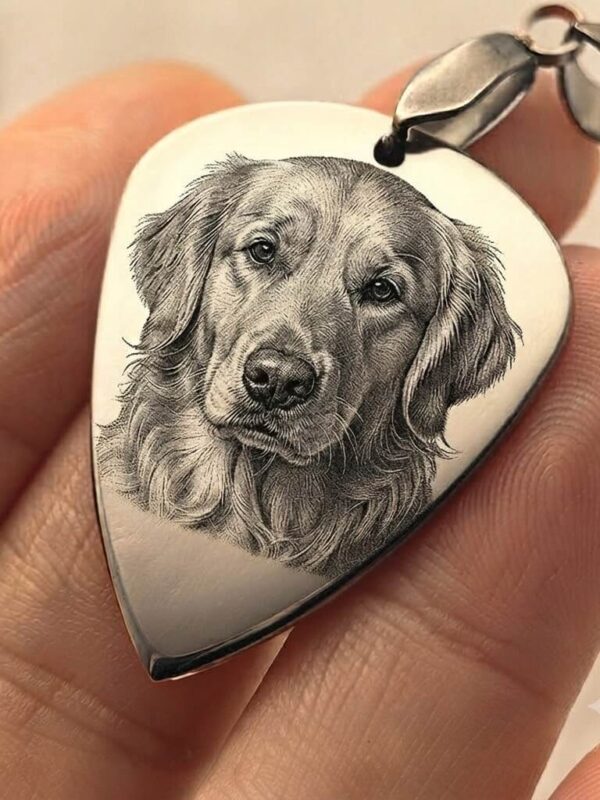 Custom engraved guitar pick necklace with golden retriever portrait