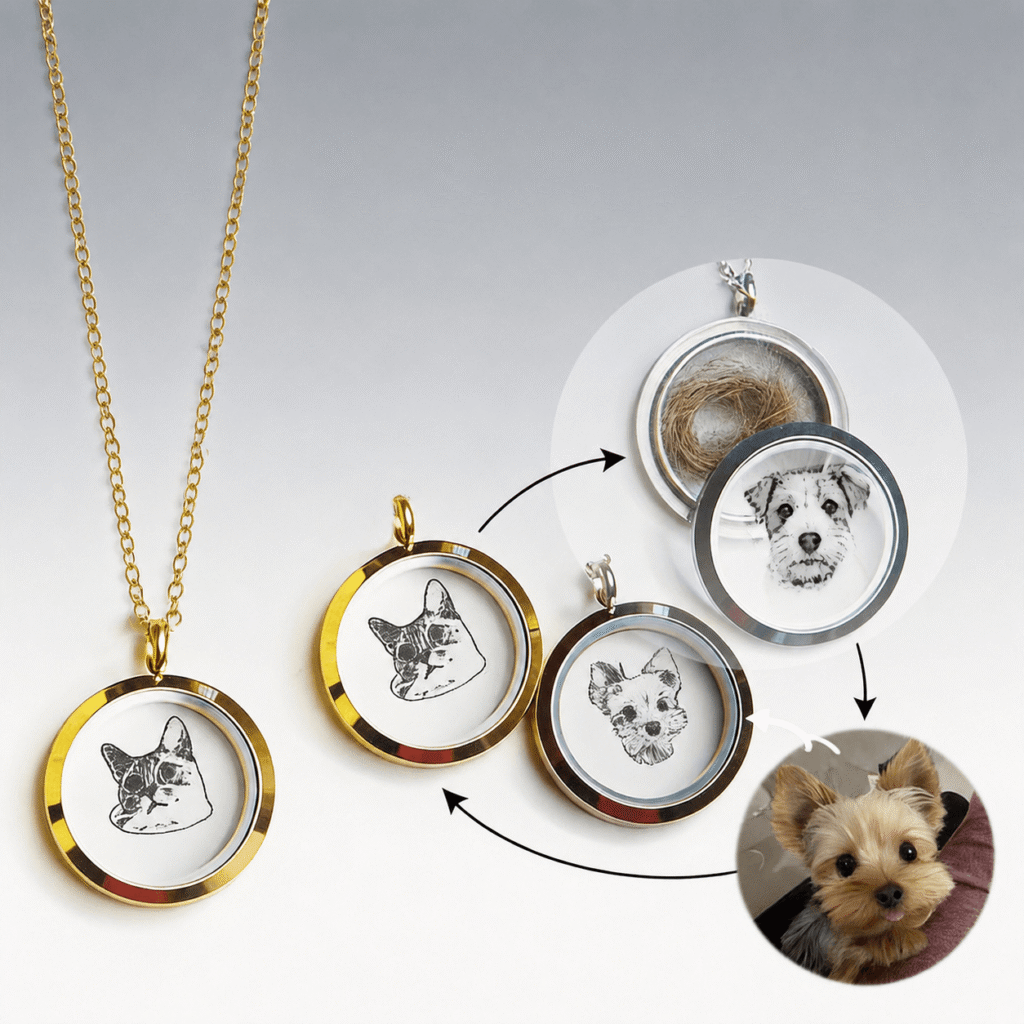 Instruction graphic showing how to customize a pet memorial locket necklace with photos and fur