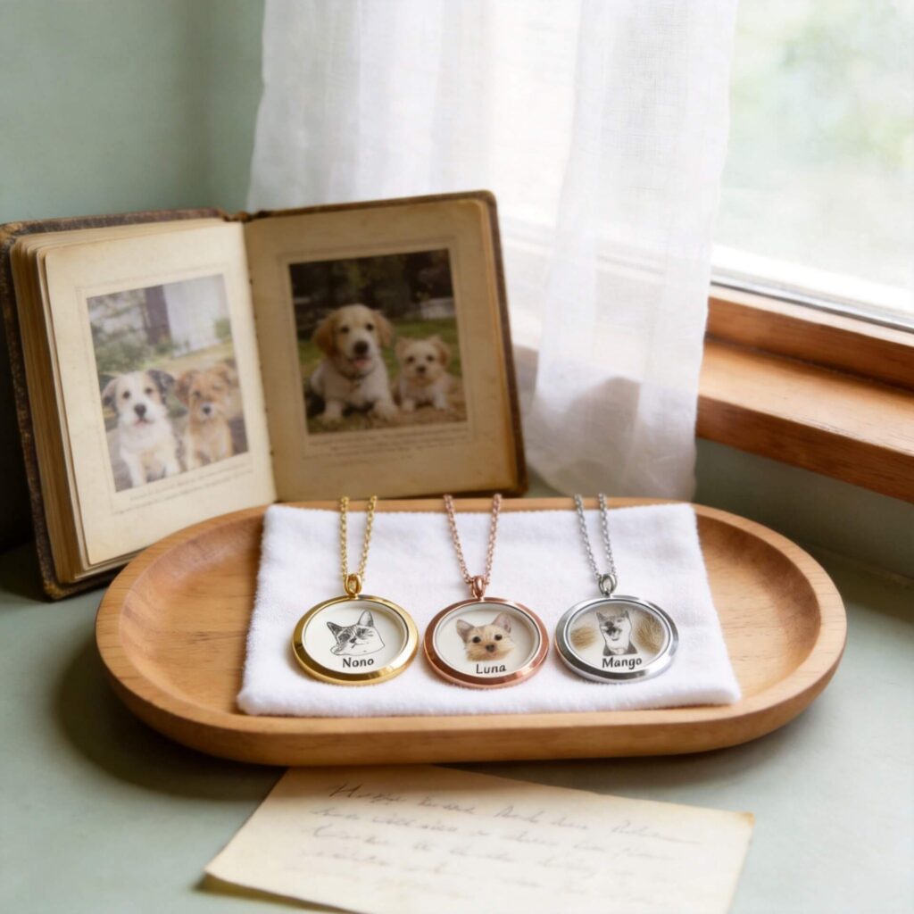 Personalized pet memorial necklaces available in silver, gold, and rose gold finishes