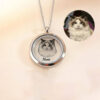 Personalized pet photo memorial necklace in silver showing custom dog portrait