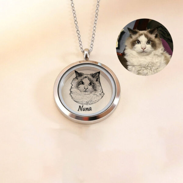 Personalized pet photo memorial necklace in silver showing custom dog portrait