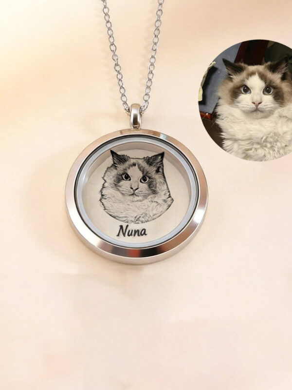 Personalized pet photo memorial necklace in silver showing custom dog portrait