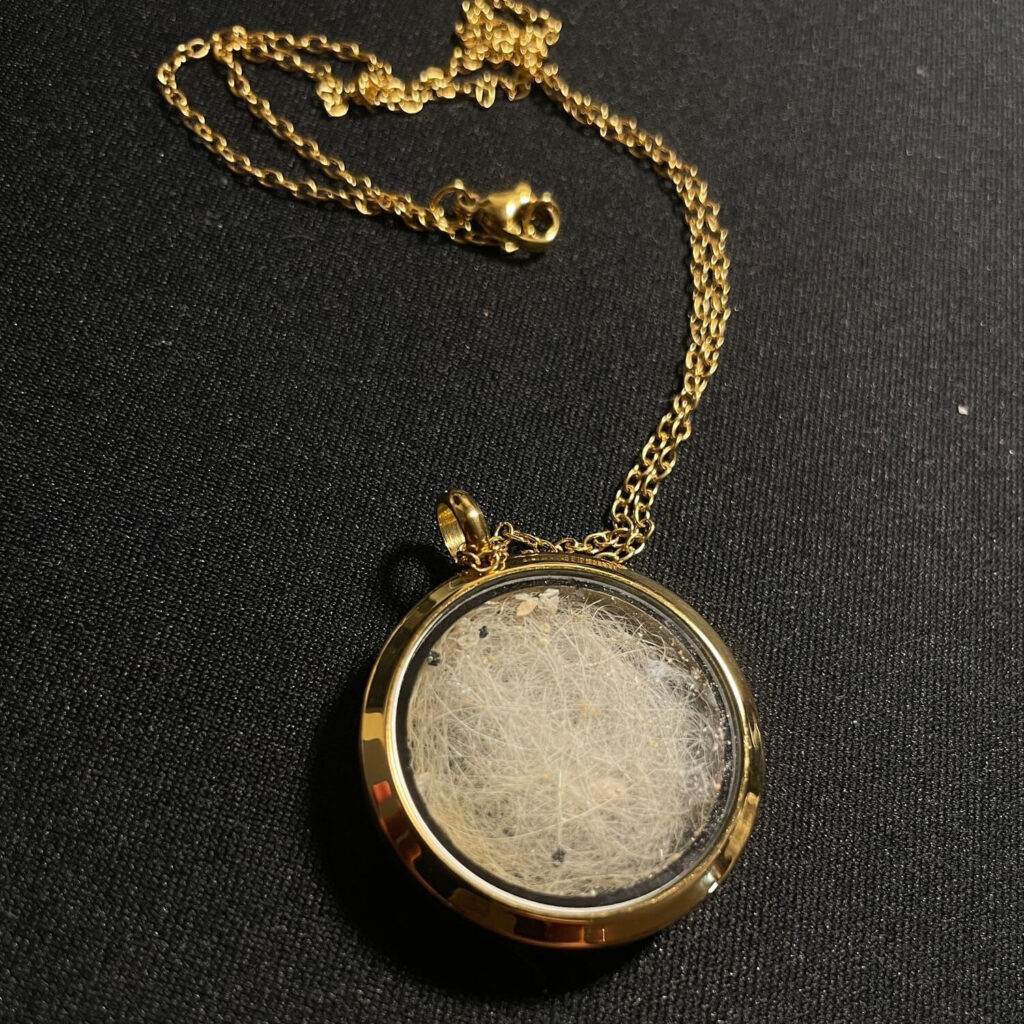Gold locket necklace opened to reveal a pet fur keepsake compartment