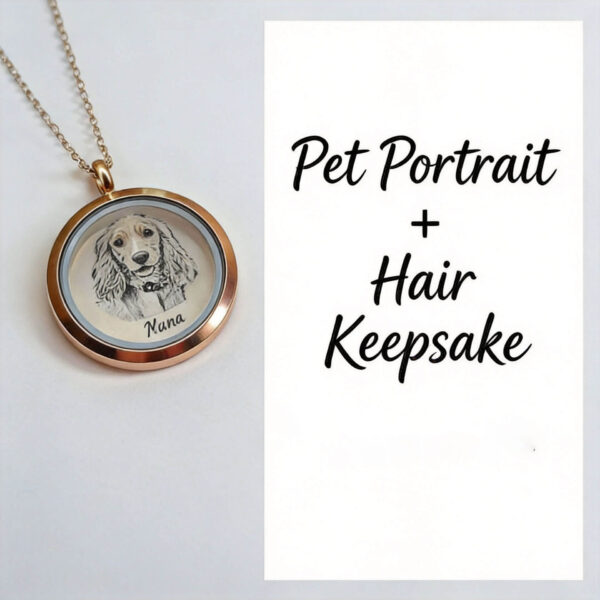 Pet portrait and hair keepsake necklace custom jewelry display card