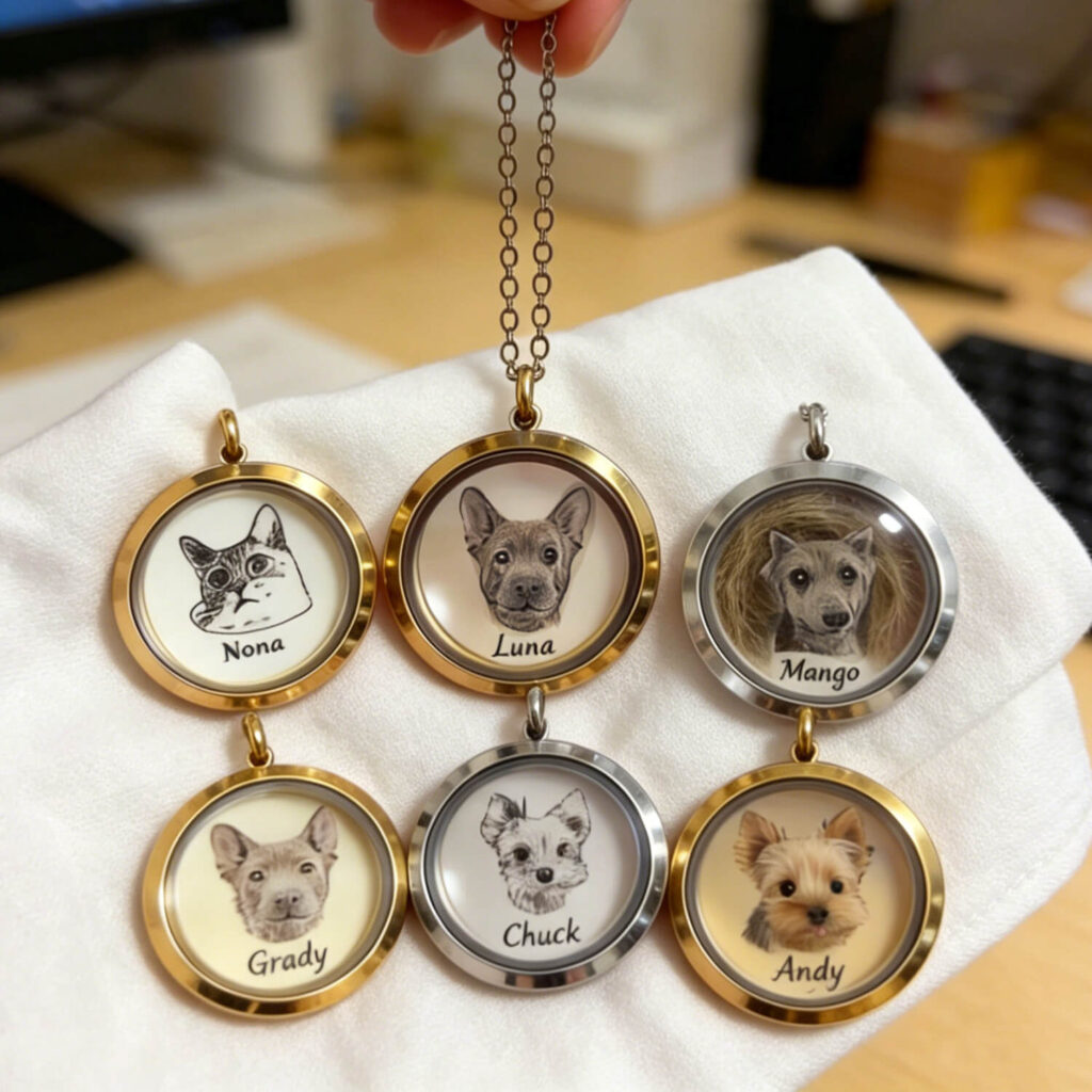 A variety of custom pet portrait necklaces featuring different dog and cat breeds