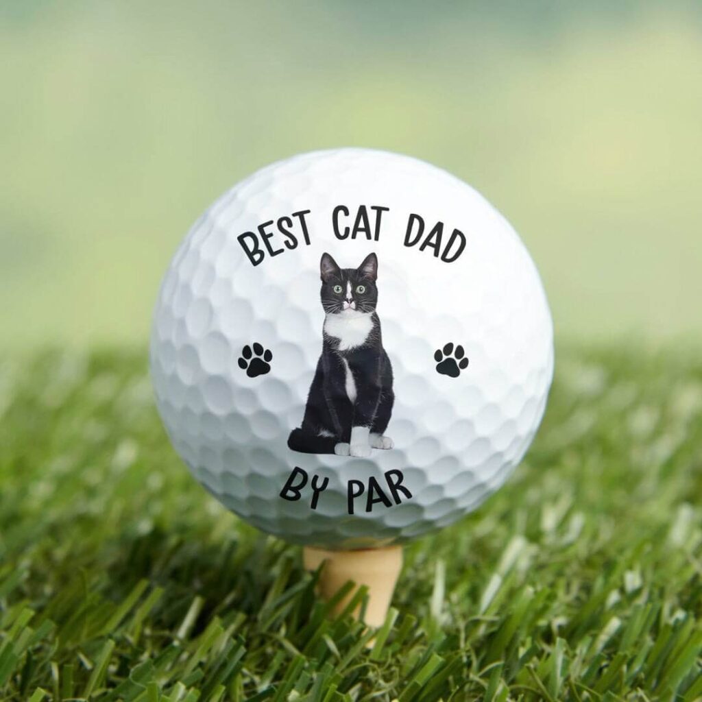 Best cat dad personalized golf ball featuring custom tuxedo cat photo and text