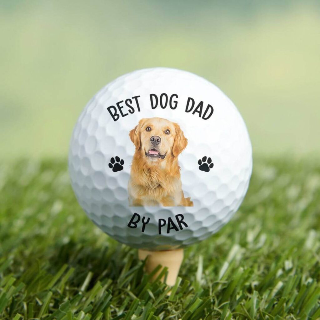 Best dog dad custom photo golf ball with Golden Retriever portrait and paw prints