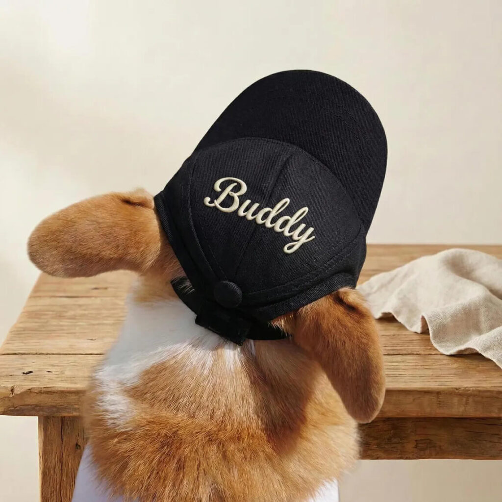Black personalized embroidered dog baseball cap with custom name