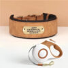 Personalized brown leather dog collar and matching 5m retractable leash set.