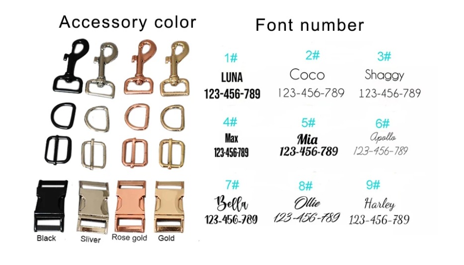 Custom dog collar hardware colors and engraving font options chart
