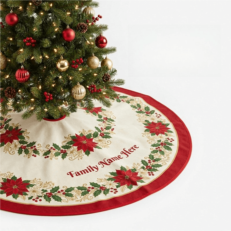 Custom family name Christmas tree skirt with festive poinsettia and holly leaf border design